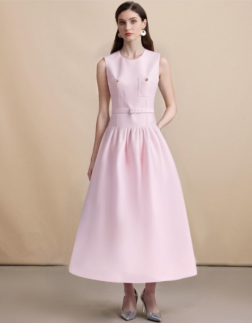 Women's Sleeveless Round Neck Midi Dress Elegant 100% Polyester High Waist Slim Fit With Belt Golden Button Decor French Style Chic Solid Pink For Party Wedding Evening Cocktail