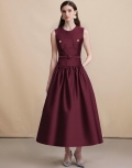 French Style Sleeveless Midi Dress Elegant Wine Red Satin Texture A-Line Dress With Belt High Waist Round Neck Slim Fit Party Evening Dress For Women