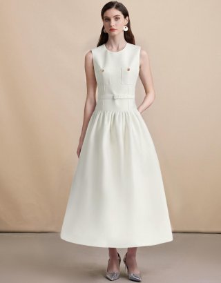 French Style Sleeveless Round Neck Waist Slimming Maxi Dress With Belt Women Elegant Solid Color A-Line Pleated Long Dress For Banquet Commute