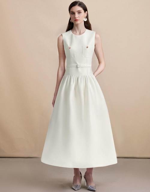 French Style Sleeveless Round Neck Waist Slimming Maxi Dress With Belt Women Elegant Solid Color A-Line Pleated Long Dress For Banquet Commute