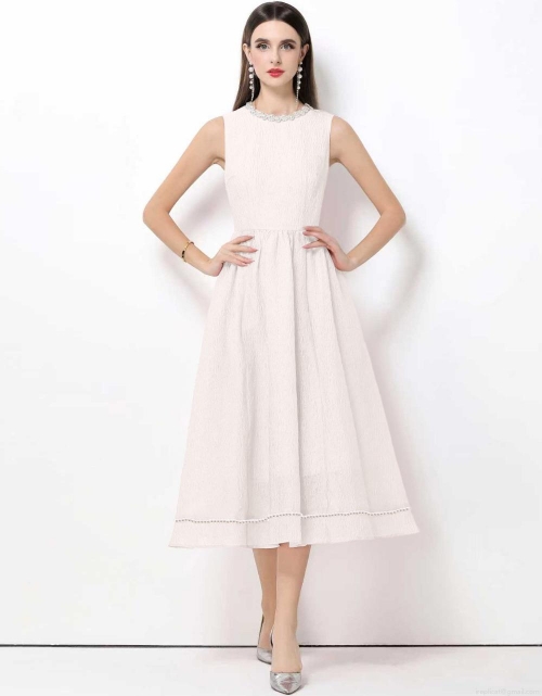 Elegant French Vintage Pearl Beaded Sleeveless Midi Dress Jacquard Textured High Waist A-line Flare Evening Party Dress For Women