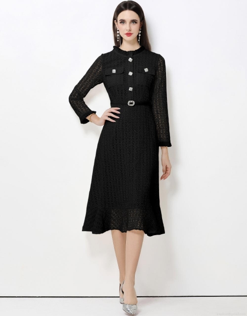 French Style Elegant Lace Slim Waist Midi Dress With Belt Stand Collar Long Sleeve Celebrity Temperament Autumn Retro Long Skirt For Women