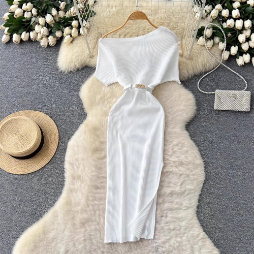 Women Elegant Off Shoulder Knit Midi Dress With Metal Buckle Belt Slim Fit Ribbed Split Dress For Party Dating Ladies