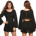 Women Sexy Backless Lace Patchwork Flare Long Sleeve Mini Dress Polyester Chiffon A-Line Short Dress For Party Club Streetwear Elegant Ladies Dress