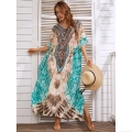 Women's Bohemian Printed Kaftan Maxi Dress V-Neck Loose Beach Cover-Up Quick-Dry Polyester Vacation Robe Oversized Ethnic Style Summer Sunscreen Shirt
