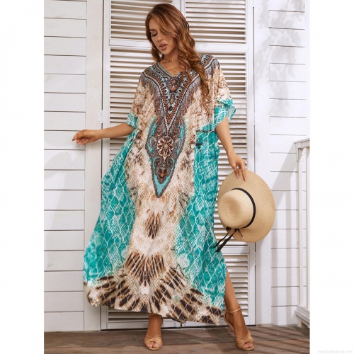 Women's Bohemian Printed Kaftan Maxi Dress V-Neck Loose Beach Cover-Up Quick-Dry Polyester Vacation Robe Oversized Ethnic Style Summer Sunscreen Shirt