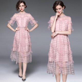 Women's Elegant Pink Lace Tulle Embroidery Midi Dress Heavy Craft Gold Thread Embroidered Mesh Layered Cake Skirt Dress For Banquet Party Wedding Guest Formal Socialite Attire