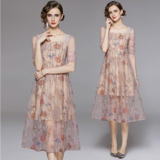 Women Elegant Floral Embroidered Mesh Dress Square Neck Puff Sleeve High Waist A-Line Midi Dress For Wedding Party Cocktail Event Ladies Luxury Embroidery Mesh Dress