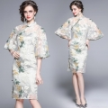 Women's Elegant Improved Qipao Dress Vintage Floral Embroidery Lace Trumpet Sleeve Midi Dress Chinese Style Party Evening Gown Women Clothing