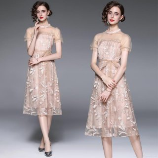 Elegant Champagne Mesh Embroidered Midi Dress Luxury Women Beading Sequins Short Lantern Sleeve Stand Collar Evening Party Cocktail Dress With Bow Belt
