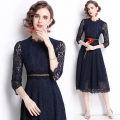 Women's Elegant Dark Blue Lace Embroidery Midi Dress Round Neck A-Line Hollow Out 3/4 Sleeve Slim Fit Party Evening Dresses For Women