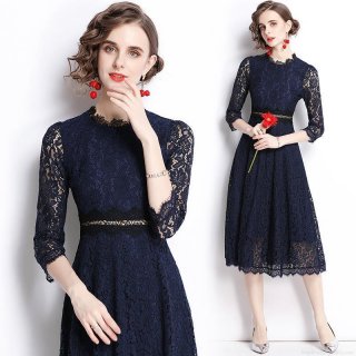 Women's Elegant Dark Blue Lace Embroidery Midi Dress Round Neck A-Line Hollow Out 3/4 Sleeve Slim Fit Party Evening Dresses For Women