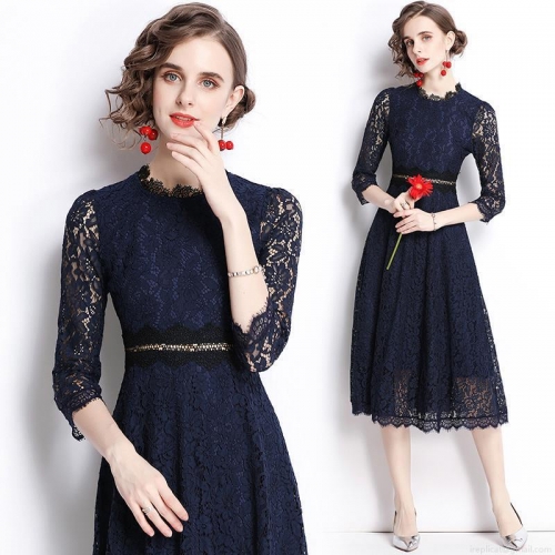 Women's Elegant Dark Blue Lace Embroidery Midi Dress Round Neck A-Line Hollow Out 3/4 Sleeve Slim Fit Party Evening Dresses For Women