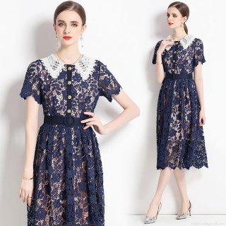 Elegant Women Navy Blue Lace Midi Dress White Peter Pan Collar Short Sleeve Button Front Embroidery Hollow Out Floral Dress With Belt For Party Office