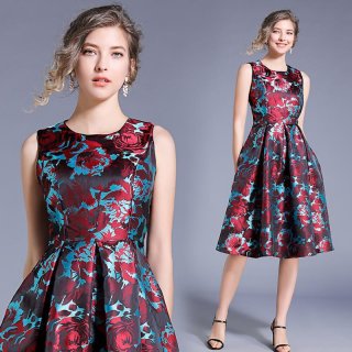 Women's Vintage Rose Floral Sleeveless Midi Dress Elegant High Waist A-Line Satin Jacquard Dress For Party Banquet Commute