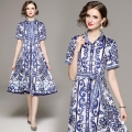 Women's Elegant Blue and White Floral Print Chiffon Midi Dress With Belt Short Sleeve Polo Collar Shirt Dress For Office Lady Retro Commute Dress