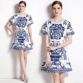 Women's Short Sleeve Round Neck Blue and White Porcelain Print A-Line Mini Dress With Lining Elegant Majolica Style Slim Fit Polyester Short Dress For Party Vacation Daily Wear
