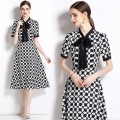 Women's Elegant Black and White Geometric Lattice Print Midi Dress Short Sleeve Pussy Bow Tie Neck A-Line Slim Fit Retro French Style Dress for Work Party Casual Ladies