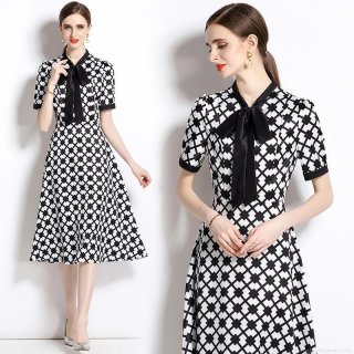 Women's Elegant Black and White Geometric Lattice Print Midi Dress Short Sleeve Pussy Bow Tie Neck A-Line Slim Fit Retro French Style Dress for Work Party Casual Ladies