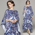 Women's Elegant Blue and White Porcelain Print Maxi Dress Polyester Off-Shoulder Batwing Sleeve Loose Kaftan Gown For Vacation Beach Party Summer Spring Resort Wear