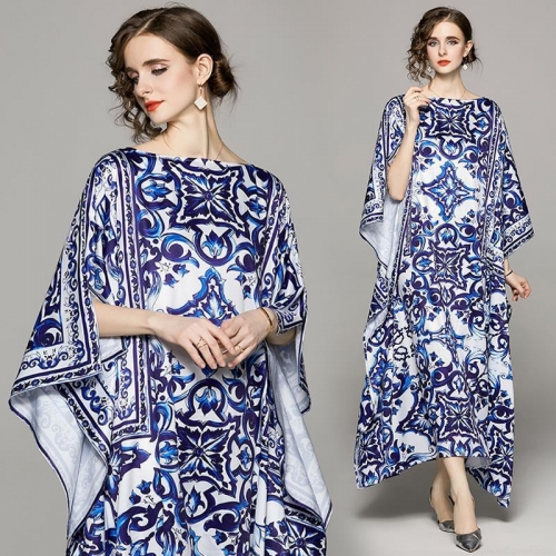 Women's Elegant Blue and White Porcelain Print Maxi Dress Polyester Off-Shoulder Batwing Sleeve Loose Kaftan Gown For Vacation Beach Party Summer Spring Resort Wear