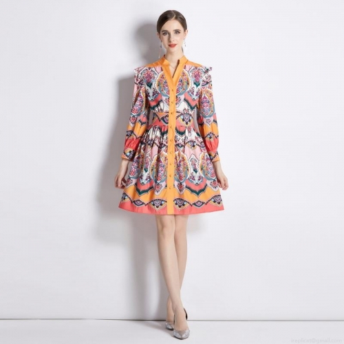 Women's Bohemian Paisley Print Dress V-Neck Long Sleeve Button Down A-Line Mini Dress For Vacation Elegant Cotton Blend Retro Summer Tunic Outfit