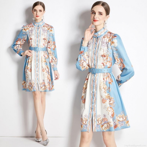 Women Elegant Floral Printed Midi Dress Stand Collar Long Sleeve Single Breasted A-Line Dress With Belt Vintage Slim Fit Polyester Clothing For Office Daily Autumn Spring