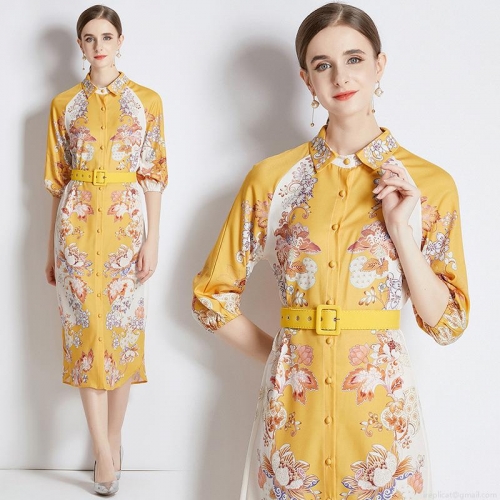 Elegant Yellow Floral Print Shirt Dress For Women Turn-down Collar Single Breasted Midi A-Line Dress With Belt 3/4 Sleeve Polyester Comfortable Breathable Summer Casual Clothing