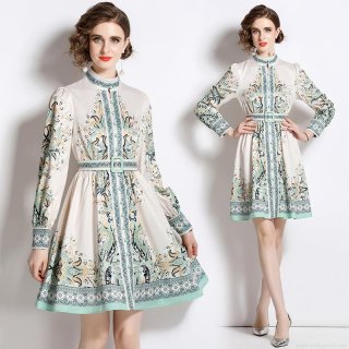 Vintage Paisley Printed Long Sleeve Dress With Belt Elegant Stand Collar Lantern Sleeve Midi Dress For Women Office Lady Fashion Outfit