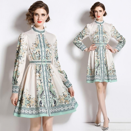 Vintage Paisley Printed Long Sleeve Dress With Belt Elegant Stand Collar Lantern Sleeve Midi Dress For Women Office Lady Fashion Outfit
