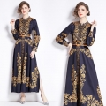 Women's Vintage Baroque Floral Print Maxi Dress Elegant Stand Collar Long Sleeve Button Up Split A-Line Long Dress With Waist Belt For Office Party Autumn Winter