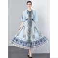 Women's Elegant Accordion Pleated Midi Dress Retro Baroque Print Round Neck Ruffle Sleeve Flowy Long Dress With Geometric Buckle Belt For Party Office