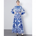 Women Baroque Print Pleated Maxi Dress Elegant Majolica Style Long Sleeve Lantern Sleeve A-Line Swing Long Dress Retro Party Casual Evening Dress