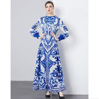 Women Baroque Print Pleated Maxi Dress Elegant Majolica Style Long Sleeve Lantern Sleeve A-Line Swing Long Dress Retro Party Casual Evening Dress
