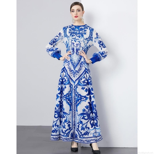 Women Baroque Print Pleated Maxi Dress Elegant Majolica Style Long Sleeve Lantern Sleeve A-Line Swing Long Dress Retro Party Casual Evening Dress