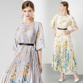 Women's Elegant Pleated Floral Midi Dress High Waist Flowy Chiffon Texture With Metal Buckle Belt Round Neck Ruffle Sleeve Party Dress For Women Casual Commute Office Summer Dress