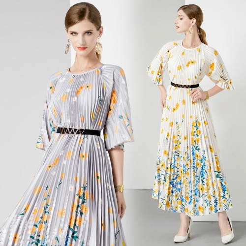 Women's Elegant Pleated Floral Midi Dress High Waist Flowy Chiffon Texture With Metal Buckle Belt Round Neck Ruffle Sleeve Party Dress For Women Casual Commute Office Summer Dress