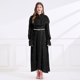 Women Palace Style Lace Patchwork Pleated Maxi Dress With Pearl Belt Elegant Long Sleeve Stand Collar Party Evening Dress For Ladies