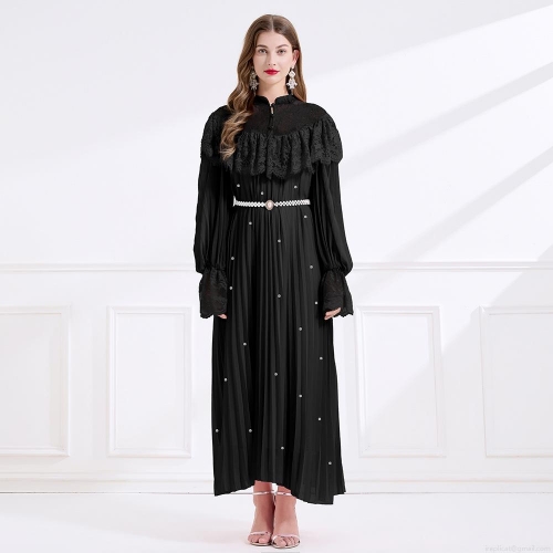 Women Palace Style Lace Patchwork Pleated Maxi Dress With Pearl Belt Elegant Long Sleeve Stand Collar Party Evening Dress For Ladies