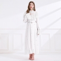 Women's Elegant Court Style Lace Patchwork Pleated Maxi Dress Stand Collar Long Sleeve Luxury Evening Party Gown With Pearl Belt And Rhinestone Details