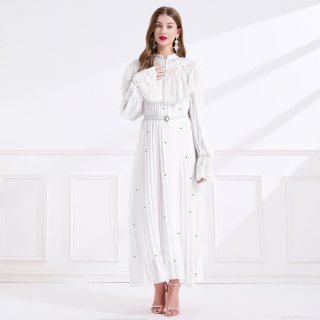 Women's Elegant Court Style Lace Patchwork Pleated Maxi Dress Stand Collar Long Sleeve Luxury Evening Party Gown With Pearl Belt And Rhinestone Details