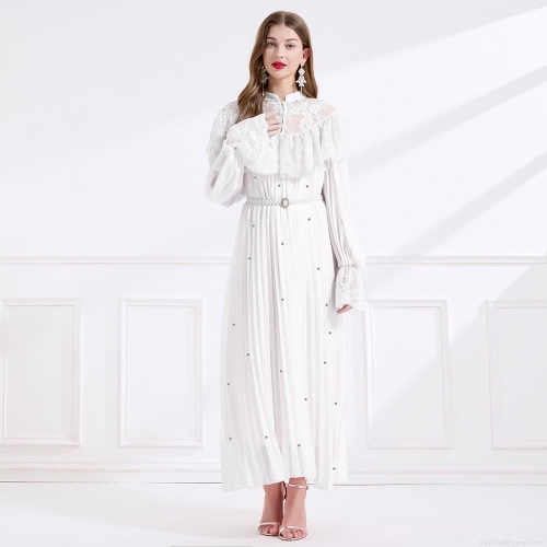 Women's Elegant Court Style Lace Patchwork Pleated Maxi Dress Stand Collar Long Sleeve Luxury Evening Party Gown With Pearl Belt And Rhinestone Details