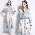 Women's Elegant Butterfly Floral Print Long Sleeve Maxi Dress Stand Collar Single Breasted Polyester Blend Retro Court Style Party Dress With Belt