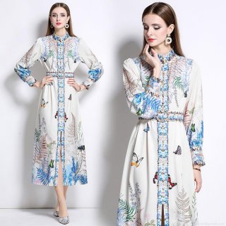 Women's Elegant Butterfly Floral Print Long Sleeve Maxi Dress Stand Collar Single Breasted Polyester Blend Retro Court Style Party Dress With Belt
