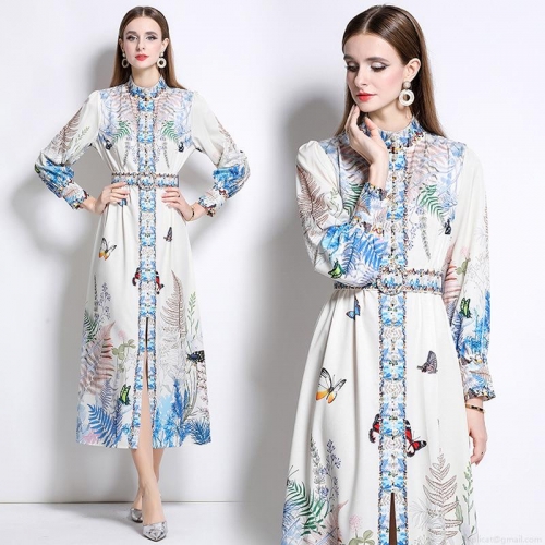 Women's Elegant Butterfly Floral Print Long Sleeve Maxi Dress Stand Collar Single Breasted Polyester Blend Retro Court Style Party Dress With Belt