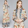 Women Vintage Floral Print Maxi Dress Long Sleeve Tie Neck A-Line Bohemian Elegant Long Dress With Belt For Party Daily Casual Autumn Retro Gown