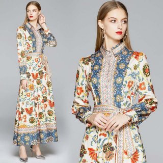 Women Vintage Floral Print Maxi Dress Long Sleeve Tie Neck A-Line Bohemian Elegant Long Dress With Belt For Party Daily Casual Autumn Retro Gown