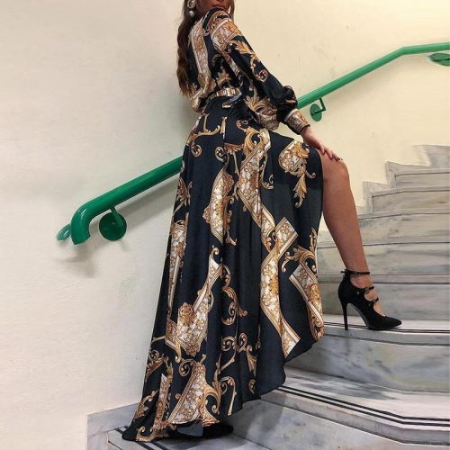 Women's Retro Baroque Print Long Sleeve Maxi Dress Elegant High Slit Satin Feel V-Neck Evening Party Long Shirt Dress With Belt