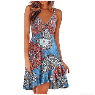 Women's Sexy V-Neck Sleeveless Floral Print Summer Dress Backless Ruffle Hem A-Line Mini Sundress For Vacation Party Casual Elegant Ladies Polyester Dress