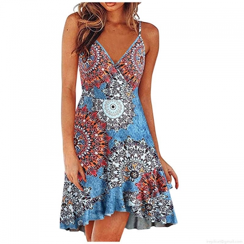 Women's Sexy V-Neck Sleeveless Floral Print Summer Dress Backless Ruffle Hem A-Line Mini Sundress For Vacation Party Casual Elegant Ladies Polyester Dress